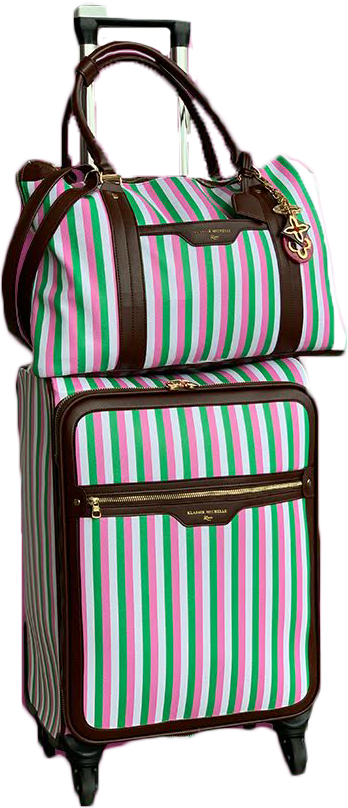 Pink & Green Candy Stripe Luggage Set w/ Dark Brown Trim